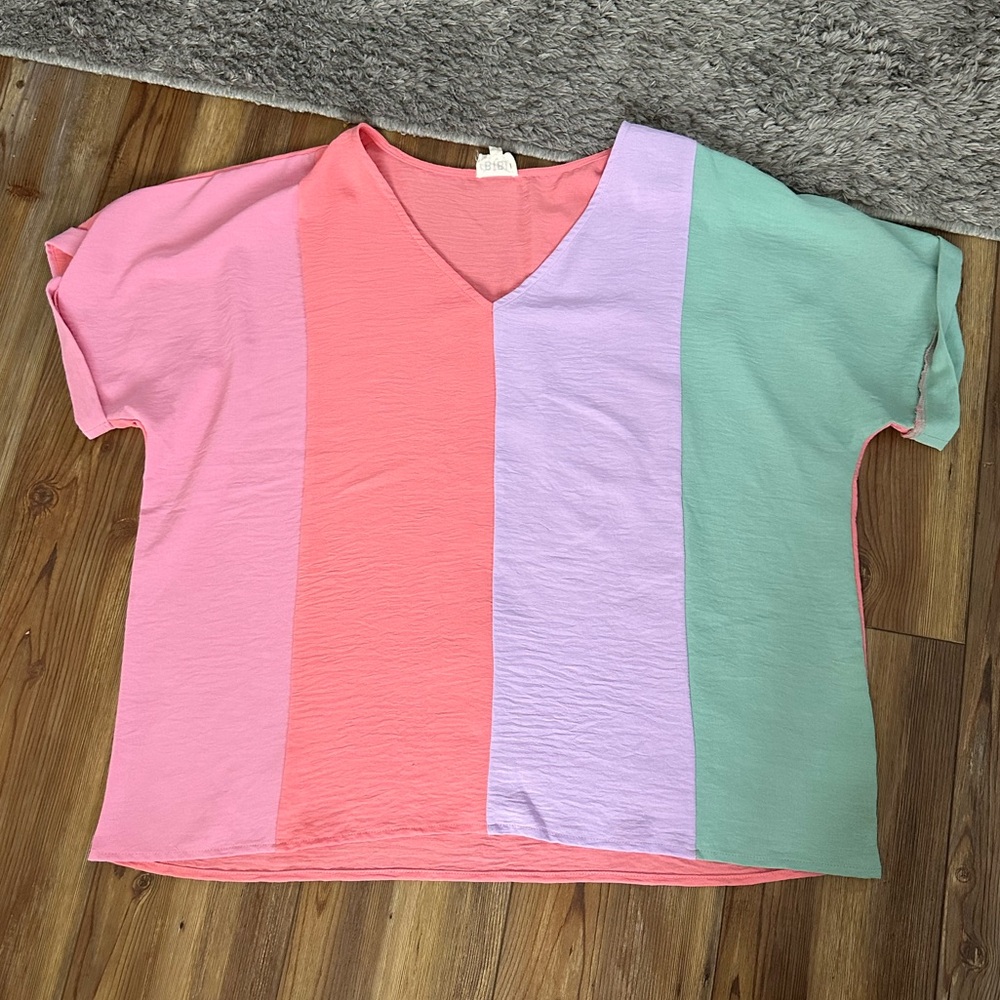 BiBi Pastel Colorblock V-Neck Short Sleeve Top – Size XL